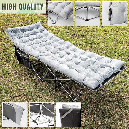 Zento Camping Cot and Mattress Folding Outdoor Travel Bed - Heavy Duty Max Load 450 LBS Premium Quality Cot Bed with Pad for Comfort Sleeping for Travel Home and Anytime Use