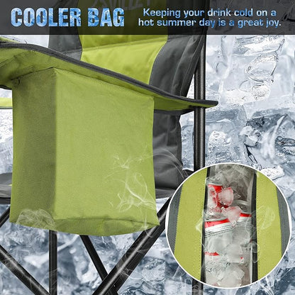 VILLEY Camping Chair, Oversized Folding Camp Chair, Portable Outdoor Chairs Support 400 LBS with Padded Seats, Cooler Bag, Cup Holder, Carry Bag, Green