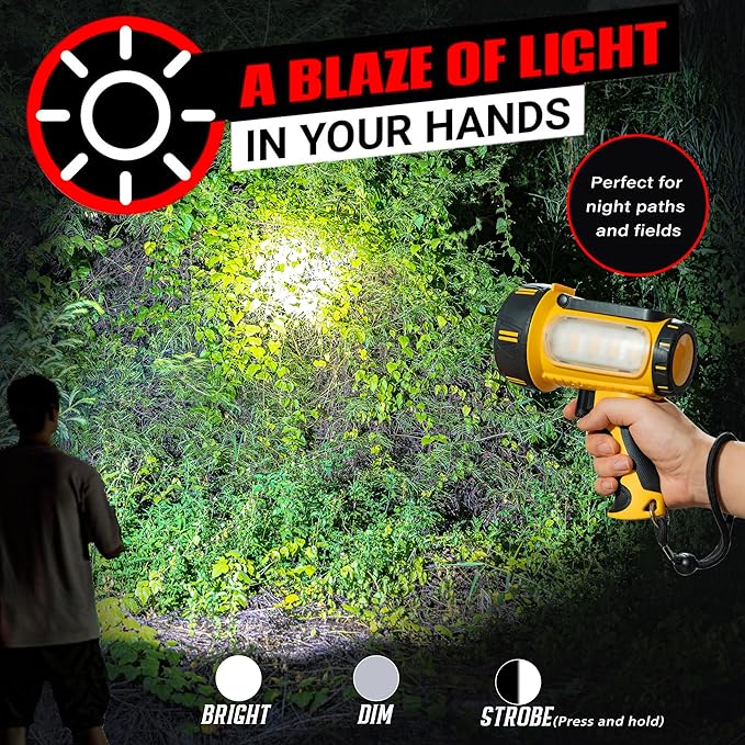 BIGSUN Rechargeable Spotlight Flashlight, 10000mAh Battery, 6 Modes, Waterproof Handheld Flashlight for Camping, Hiking, Fishing