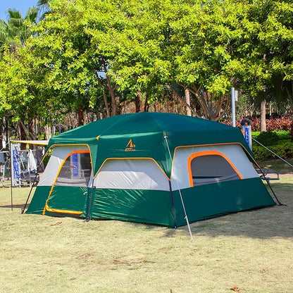 KTT Extra Large Tent 10-12-14 Person(A),Family Cabin Tents,2 Rooms,3 Doors and 3 Windows with Mesh,Straight Wall,Waterproof,Double Layer,Big Tent for Outdoor,Picnic,Camping,Family Gathering